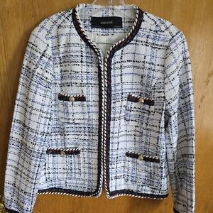 Zara White and Black Tweed Blazer